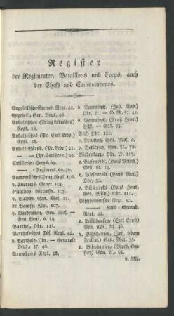 Register der Regimenter, Bataillons und Corps, auch der Chefs und Commendeurs.