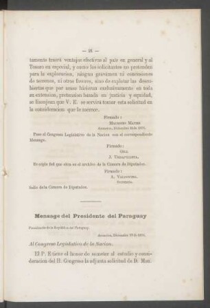 Mensage del Presidente del Paraguay