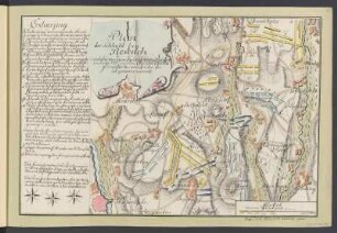 Umgebungskarte von Roßbach, Federzeichnung, bis 1803 : Band 2: Seite 6: Plan der Schlacht bey Roßbach : welche von dem König von Preußen im Jahre 1757. den 5ten November über die franzosische Reichs=Arme gewonnen wurde / Aug. Carl Heinrich Wilcke jun.. - [S.l.]. - 1 Karte ; Handzeichnung, koloriert, 20 x 31 cm // Mit Erklärung
