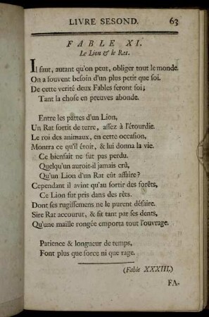 Fable XI. Le Lion & le Rat. - Fable XX. Testament expliqué par Esope.