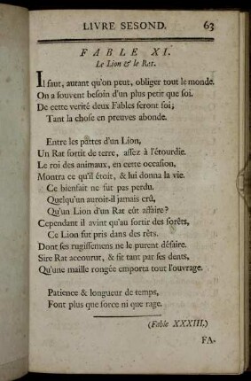 Fable XI. Le Lion & le Rat. - Fable XX. Testament expliqué par Esope.