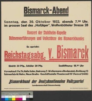 Plakat der DNVP zur Ausrichtung eines Bismarck-Abends am 30. Oktober 1932 in Braunschweig