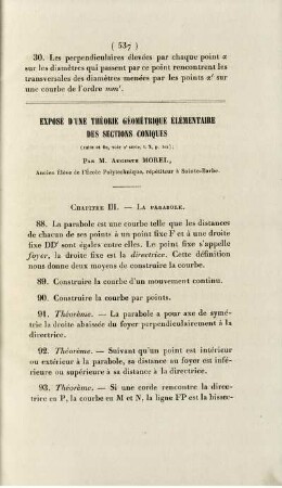 Exposé d'une théorie géométrique élémentaire des sections coniques.
