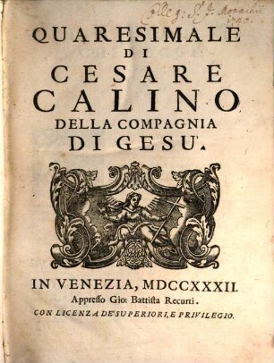 Quaresimale Di Cesare Calino Della Compagnia Di Gesu