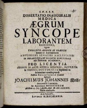 Dissertatio Inauguralis Medica Aegrum Syncope Laborantem Exhibens