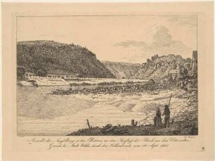 Das Schwemmmaterial nach dem Wolkenbruch am 1. September 1822 an der Mündung des Baches aus dem Uttewalder Grund in die Elbe bei Stadt Wehlen in der Sächsischen Schweiz