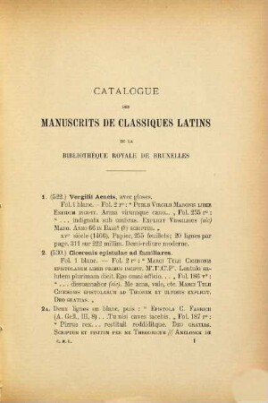 Catalogue des manuscrits de classiques latins de la Bibliothèque Royale de Bruxelles