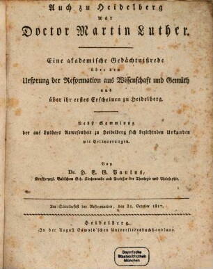 Die Heidelberger akademische Secularfeier der Reformation