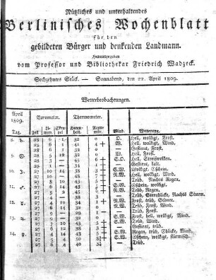 Sechzehntes Stueck, Sonnabend, den 22. April 1809.