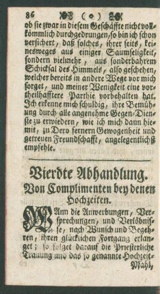 Vierdte Abhandlung. Von Complimenten bey denen Hochzeiten