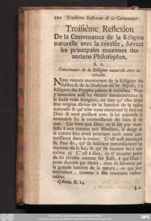 Troisième Reflexion De la Convenance de la Réligion naturelle avec la révelée, suivant les principales maximes des anciens Philosophes.