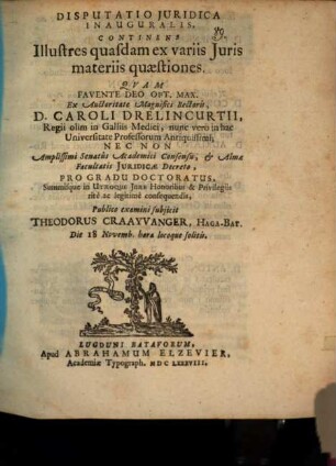 Disp. iur. inaug. continens illustres quasdam ex variis iuris materiis quaestiones