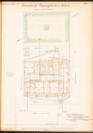 Konsistorial-Dienstgebäude, Stettin: Lageplan mit Grundriss KG 1:100