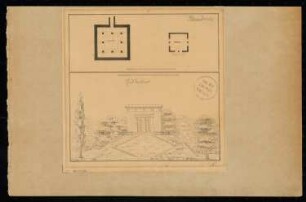 Eiskeller Monatskonkurrenz Oktober 1830: Grundriss Keller, Erdgeschoss, Aufriss Vorderansicht mit Hügel und Treppe; 2 Maßstabsleisten