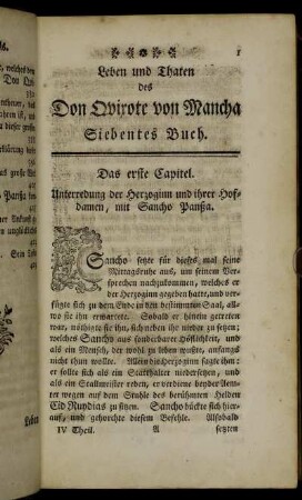 Das erste Capitel. Unterredung der Herzoginn und ihrer Hofdamen, mit Sancho Panßa.