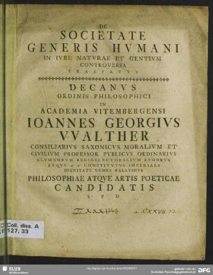 De Societate Generis Humani In Iure Naturae Et Gentium Controversa Praefatus : [P. P. Epiphaniorum festo die MDCCLVIIII]