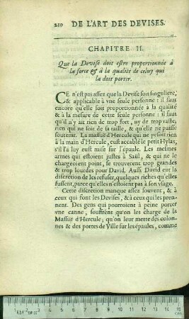Chapitre II. Que la Devise doit estre proportionnée à la force & à la qualité de celuy qui la doit porter.