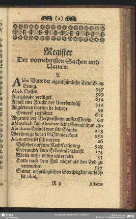 Register Der vornehmsten Sachen und Namen