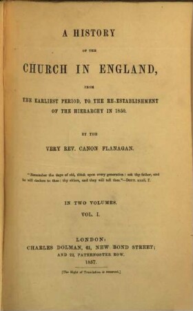 A history of the church in England : from the earliest period, to the re-establishment of the hierarchy in 1850. 1