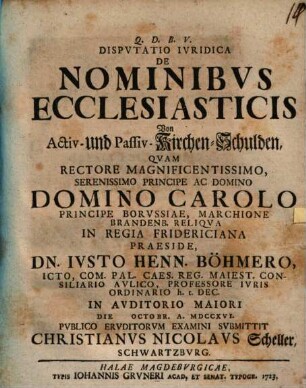 Dispvtatio Ivridica De Nominibvs Ecclesiasticis : = Von Activ- und Passiv-Kirchen-Schulden