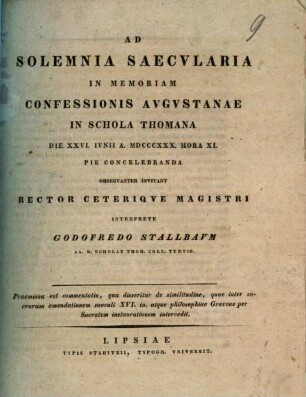 Ad solemnia saecularia in memoriam confessionis Augustanae in schola Thomana