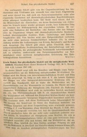 487-488 [Rezension] Nickel, Erwin, Das "Physikalische Modell" und die "metaphysische Wirklichkeit"