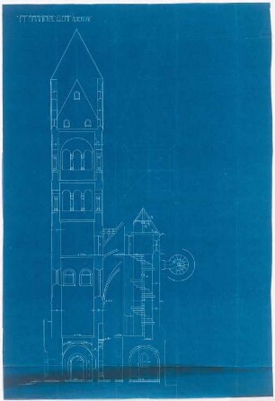 Dekanatskirche, Clerf (Clervaux): Schnitt durch Turm und Treppenturm