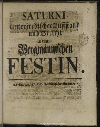 Saturni unterirrdischer Auffstand und Bericht zu einem Bergmännischen Festin