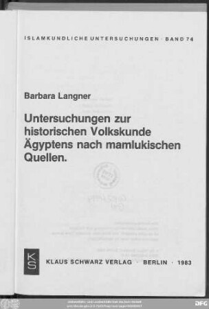 Untersuchungen zur historischen Volkskunde Ägyptens nach mamlukischen Quellen