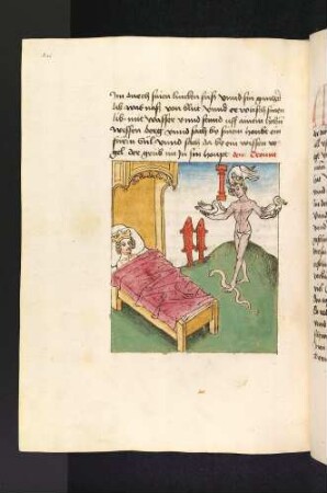 Der Traum des König Sedras von sich selbst auf einem Berg mit Feuersäule, mit roten Fischen, zwei Wasservögeln, einem weiteren Vogel und einer Schlange; (Kapitel X: Von König Sedras)