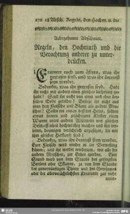 Achtzehnter Abschnitt. Regeln, den Hochmuth und die Verachtung anderer zu unterdrücken