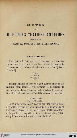 Sér. 4: Notes sur quelques vestiges antiques découverts dans la commune mixte des Maadid