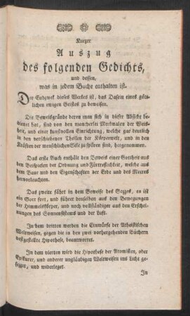 Kurzer Auszug des folgenden Gedichts, und dessen, was in jedem Buche enthalten ist.