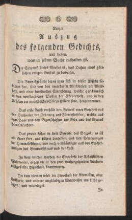 Kurzer Auszug des folgenden Gedichts, und dessen, was in jedem Buche enthalten ist.