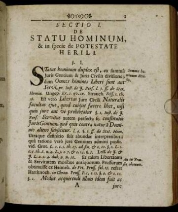 Sectio I. De Statu Hominum, & in specie de Potestate Herili.