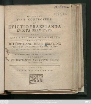 Qvaestio Ivris Controversi An Evictio Praestanda Evicta Servitvte