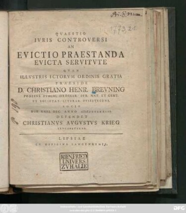 Qvaestio Ivris Controversi An Evictio Praestanda Evicta Servitvte