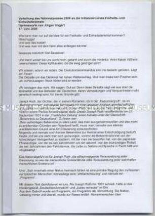 Manuskript (Computerausdruck) der Dankesrede zur Verleihung des Nationalpreises 2008 an die Initiatoren des Freiheits- und Einheitsdenkmals