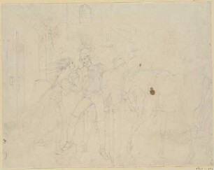 Zu Bürgers "Leonore", Blatt 4: Der gespenstische Wilhelm holt Leonore mit dem Pferd an der Haustür ab