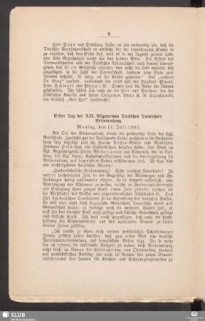 Erster Tag der XII. Allgemeinen Deutschen Turnlehrer-Versammlung. Montag, den 17. Juli 1893