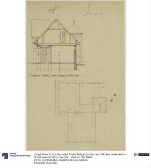 Darmstadt, Projekt Stallgebäude für Julius Glückert, zweite Version, Schnitt sowie Grundriss des Obergeschosses