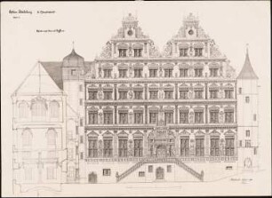 Restaurierung Heidelberger Schloss Ottheinrichsbau: Hofansicht mit Schnitt durch den Friedrichsbau (entspricht Inv.Nr. 15348)