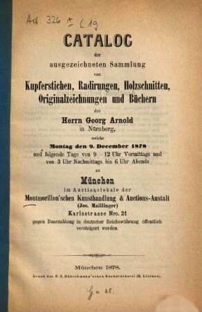 Kunstauctions-Cataloge der Montmorillon'schen Kunsthandlung und Auctionsanstalt (Joseph Maillinger). [19.] 1878, 9. Dez.