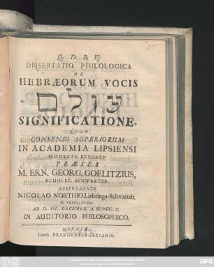 Dissertatio Philologica De Hebraeorum Vocis Olâm Significatione