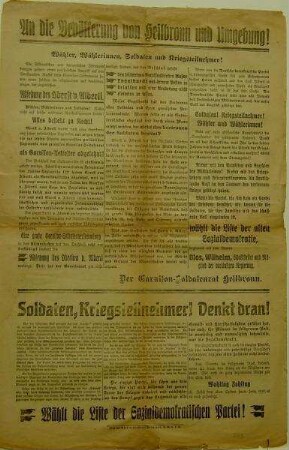 "An die Bevölkerung von Heilbronn und Umgebung!" Flugblatt der SPD zur Absetzung von Oberst v. Alberti