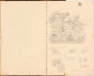 Reiseskizzenbuch 1828: Kaiserpfalz, Gelnhausen: Perspektivische Ansicht, Details der Ruine der Kaiserpfalz Gelnhausen