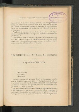 La Question Arabe Au Congo.