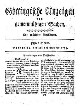 38stes Stück. Sonnabend, den 20ten September 1777.