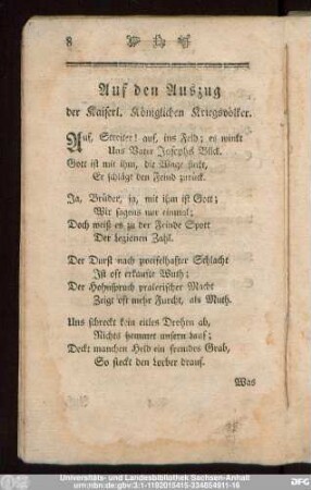 Auf den Auszug der Kaiserl. Königlichen Kriegsvölker.