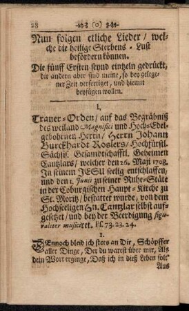 Nun folgen etliche Lieder, welche die heilige Sterbens-Lust befördern können.